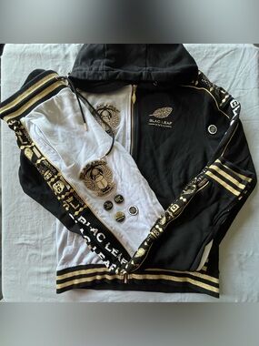 Blac Leaf Mens Tracksuit Set Large Black Gold Full Zip Hoodie Graphic Logo